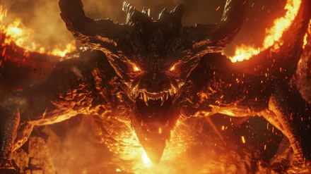 HD wallpaper featuring a fiery depiction of the Balrog, a monstrous demon creature from The Lord of the Rings, with glowing eyes and embers flying around in a dark, infernal setting.
