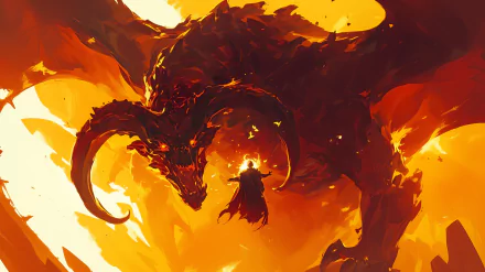 HD wallpaper featuring a fiery artistic depiction of a Balrog from The Lord of the Rings, reminiscent of Diablo, with a small figure standing before it amidst intense flames.