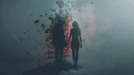 HD wallpaper featuring the silhouettes of two individuals, with one appearing to disintegrate away from the other, symbolizing heartbreak or sadness, set against a dark, moody background with pink and blue hues.