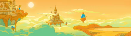 HD desktop wallpaper depicting a fantasy palace from the video game 'Let's! Revolution!' floating among clouds in a serene, golden sky.