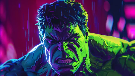 HD desktop wallpaper featuring an artistic rendition of the Hulk from Marvel Comics, portrayed with vibrant green skin and intense expression against a striking red and purple background.