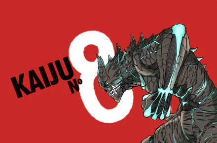 Kaiju No. 8 features a detailed monstrous creature against a bold red backdrop with striking typography in this 8K Ultra HD PC desktop wallpaper.