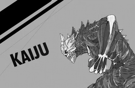 Black-and-white 8K Ultra HD Kaiju No. 8 artwork featuring a detailed monstrous figure against a geometric background, designed for PC desktop wallpaper and background use.