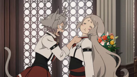 HD anime desktop wallpaper featuring two characters from Mushoku Tensei: Jobless Reincarnation in a dramatic scene with a detailed window and floral background.