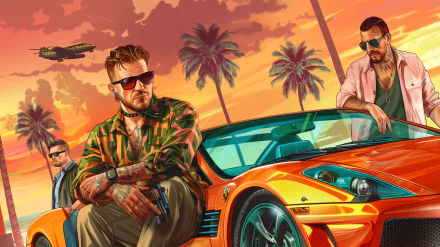 HD wallpaper featuring stylized artwork from Grand Theft Auto VI with characters and a sports car against a sunset cityscape with a helicopter in the background.