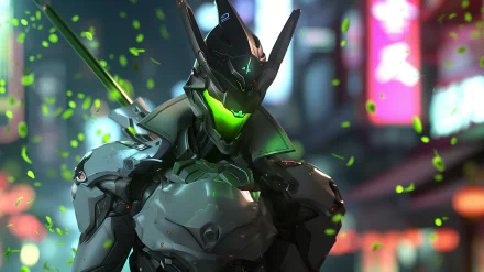 HD desktop wallpaper featuring the Overwatch character Genji in his robotic ninja armor with a glowing green visor and a sword, set against a blurry urban backdrop.