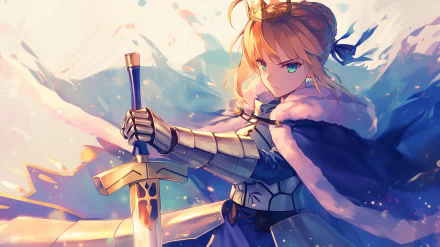 HD desktop wallpaper featuring the anime character Saber from the Fate series, depicted in a dynamic pose with a sword, set against an artistically rendered, colorful background.