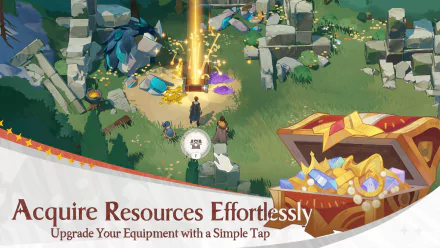 HD desktop wallpaper for the video game AFK Journey featuring a tranquil animated scene where characters collect glittering resources with the tagline 'Acquire Resources Effortlessly'.