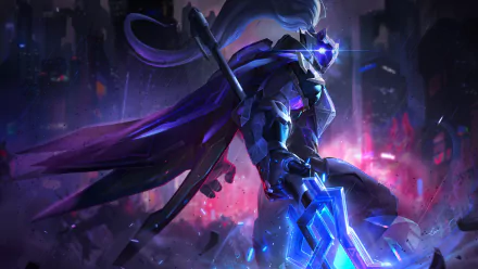 HD desktop wallpaper featuring the character Jax from the video game League of Legends, depicted in dynamic battle pose with a glowing weapon, set against a chaotic, colorful background.
