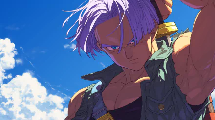 HD wallpaper featuring Trunks from Dragon Ball Z with light purple hair and intense expression against a backdrop of blue skies and fluffy clouds.