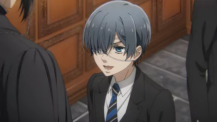 HD desktop wallpaper featuring an anime character from Black Butler with blue hair and glasses, smiling in a suit, with a blurred background suggesting an interior setting.