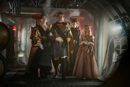 HD desktop wallpaper featuring a group of fictional characters in costume from the movie Rebel Moon - Part Two: The Scargiver, standing in a spaceship corridor.