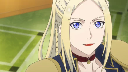 HD desktop wallpaper featuring a female anime character from The New Gate with long blond hair and blue eyes, smiling against an indoor background with soft lighting.