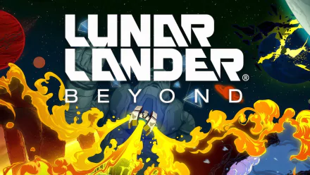 HD desktop wallpaper for Lunar Lander: Beyond video game, featuring the game's title in bold letters with a stylized spaceship navigating through a vibrant, fiery landscape in space.
