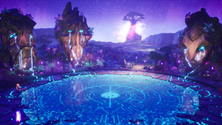 HD desktop wallpaper from the video game Tales Of Kenzera: Zau showcasing a mystical setting with glowing structures, a decorative ground pattern, and a vibrant night sky.