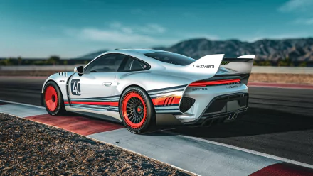 HD wallpaper featuring a Rezvani Retro RR1 sports car parked on a racetrack, showcasing its sleek design and racing livery.