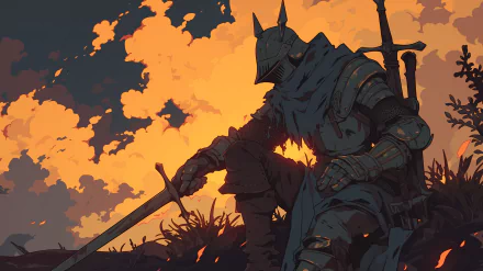 An anime-style HD wallpaper featuring a knight in full armor from the video game Dark Souls, sitting with a sword amidst a medieval landscape with a dramatic orange sky in the background.