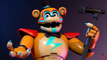 Glamrock Freddy from Five Nights at Freddy's: Security Breach holds a microphone, rendered in stunning 8K Ultra HD for PC desktop wallpaper and background.