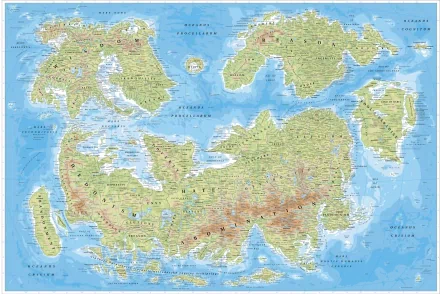 HD desktop wallpaper featuring a detailed map of expansive landmasses surrounded by blue oceans and labeled geographic features.