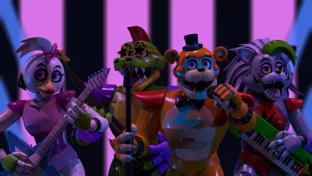 8K Ultra HD wallpaper featuring Glamrock Freddy and Roxanne Wolf from the video game Five Nights at Freddy's: Security Breach with vibrant purple and black striped background.
