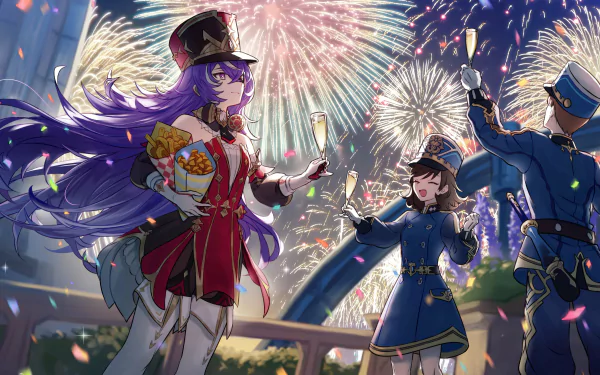 Genshin Impact character Chevreuse enjoying fireworks, HD desktop wallpaper and background.