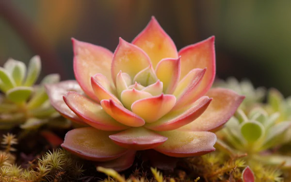 Vibrant succulent with gradient pink and yellow leaves close-up, HD wallpaper for desktop background.