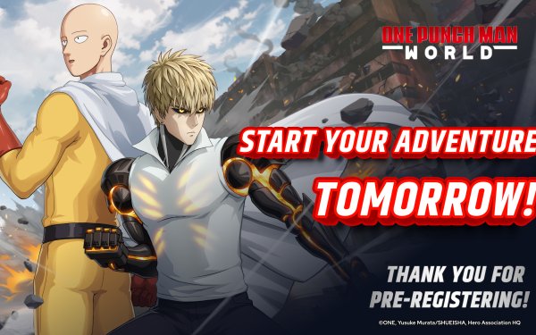 HD wallpaper featuring One Punch Man World video game characters with a promotional message thanking viewers for pre-registering, inviting them to start their adventure tomorrow.