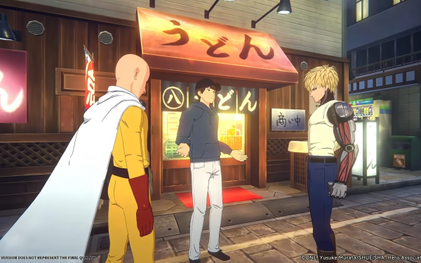 HD desktop wallpaper featuring characters from One Punch Man video game standing in front of a shop in the game world.