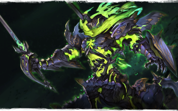 HD desktop wallpaper featuring an intricately designed character from Granblue Fantasy: Relink video game, with glowing green accents and a fierce pose.