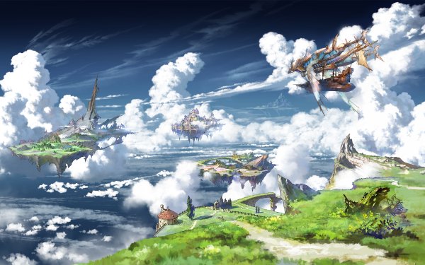 HD desktop wallpaper featuring scenic floating islands and airships from Granblue Fantasy: Relink video game.