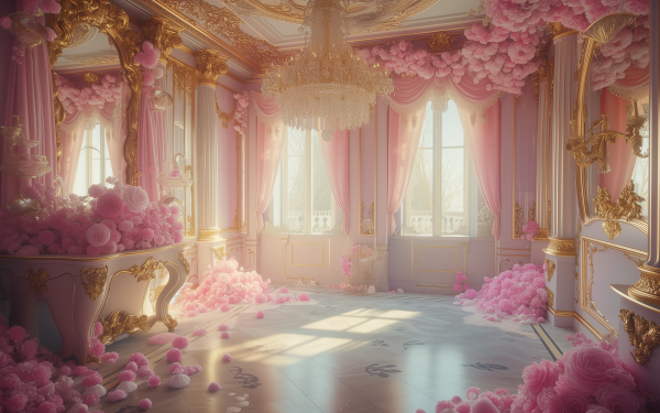 HD desktop wallpaper featuring an elegant pink aesthetic room with plush floral decor and opulent gold accents perfect for a chic background.