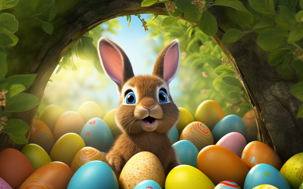 HD desktop wallpaper featuring a cute animated Easter bunny surrounded by colorful painted Easter eggs in a festive spring setting.
