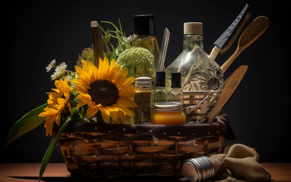 Elegant gift basket with sunflowers and assorted gourmet items as a HD desktop wallpaper background.