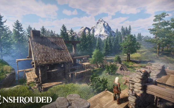 HD desktop wallpaper featuring a scenic village from the video game Enshrouded, showcasing lush landscapes and character overlooking the settlement.
