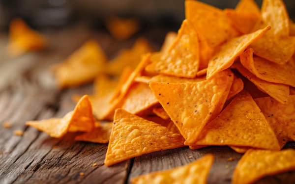 A close-up of a pile of golden Doritos chips scattered on a rustic wooden surface, creating a vibrant and inviting HD desktop wallpaper background.