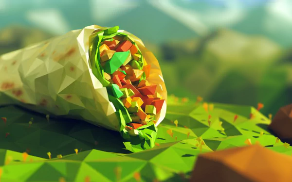 Low-poly art style breakfast burrito HD wallpaper with vibrant colors and geometric design.