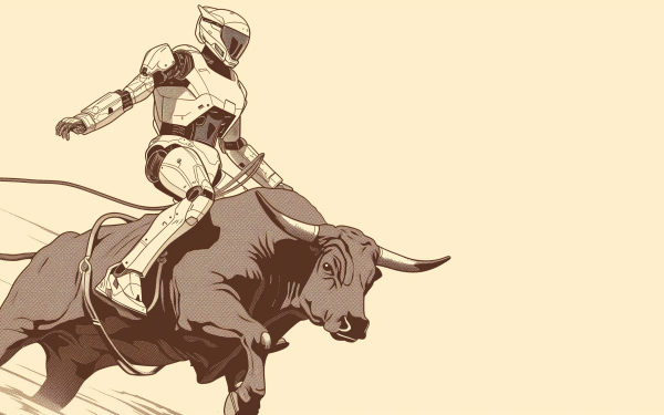 Illustration of a robot riding a bull in a futuristic rodeo, perfect for HD desktop wallpaper and background.