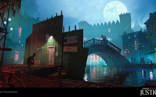 A moody HD wallpaper from Vampire: The Masquerade - Justice, featuring a shadowy figure by a waterway and an illuminated bridge under a full moon, evoking a haunting atmosphere.