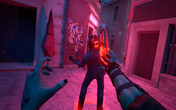 HD desktop wallpaper of Vampire: The Masquerade - Justice video game featuring a first-person view of a character casting a spell in a dimly lit alley.