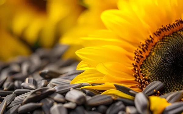 A vibrant macro shot of a sunflower in full bloom, surrounded by scattered sunflower seeds. This eye-catching image makes an appealing HD desktop wallpaper or background.