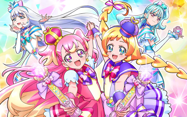 Vibrant HD desktop wallpaper featuring characters from Wonderful PreCure!, showcasing energetic poses and colorful outfits against a sparkling background.