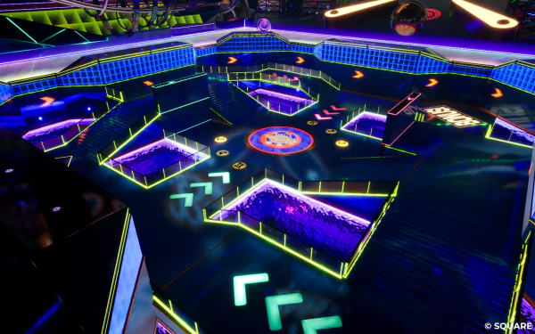HD desktop wallpaper featuring the vibrant neon-lit arena from the video game Foamstars, with glowing outlines and futuristic design elements.