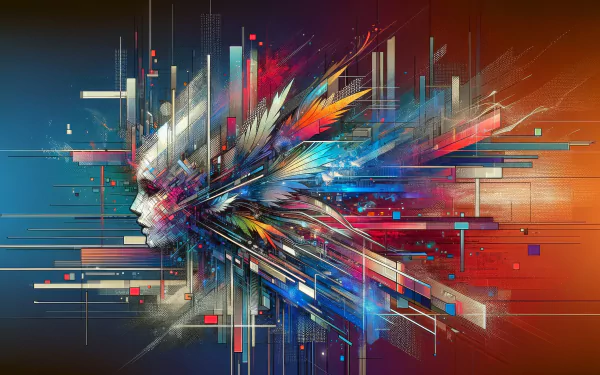 Dynamic abstract HD wallpaper featuring a colorful explosion of geometric shapes on a red and blue gradient background.