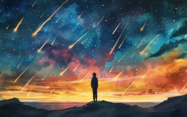 HD desktop wallpaper featuring a person standing on a cliff gazing at a vibrant meteor shower in a starry sky.