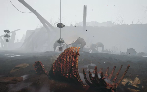 Ad Infinitum video game eerie battlefield HD wallpaper with skeletal remains and hanging mines in a foggy environment.