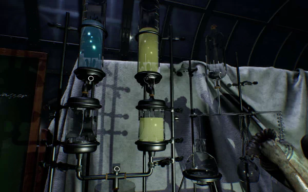 HD wallpaper featuring a scene from the video game Ad Infinitum with intricate machinery and mysterious vials.