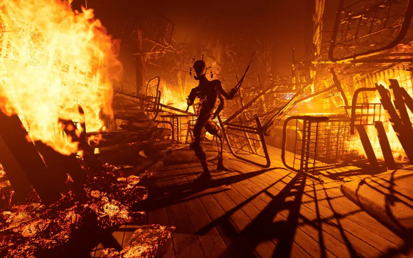 HD wallpaper of Ad Infinitum video game featuring a character amidst fiery battleground.