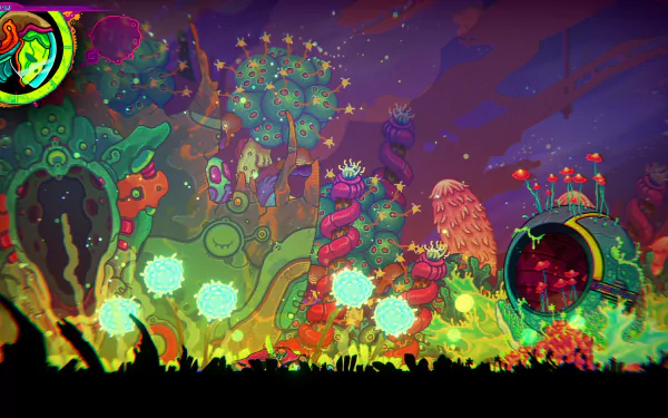 Colorful HD desktop wallpaper showcasing a vibrant, abstract underwater scene from a video game, possibly featuring the character Ultros, with vivid marine flora and whimsical design elements.