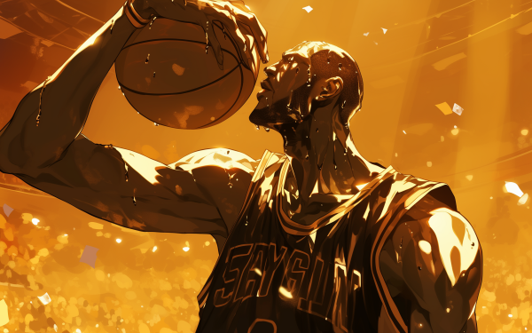 HD wallpaper of a stylized basketball player going for a dunk in golden hues, perfect for NBA fans' desktop background.