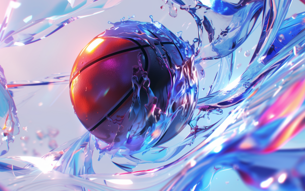 HD wallpaper of a basketball immersed in dynamic blue liquid swirls for desktop background.
